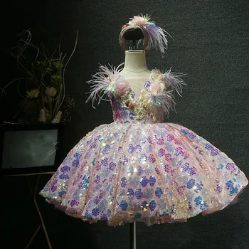 Gerçek Resim Lüks Bebek Kız Elbise Glitter Payetli Balo Çiçek Kız Elbise Çocuk Doğum Günü Elbise Çocuk Giysileri