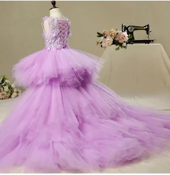 Glizt Uzun Firar Kız Pageant Abiye giyim Viole Tül Çiçek Çiçek Kız Elbise Düğün İçin Çocuklar İlk Communion Elbise