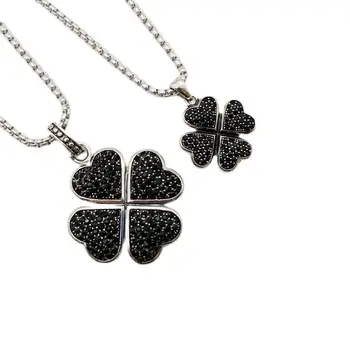 Gümüş renk Şanslı 4 yapraklı yonca kolye paslanmaz çelik siyah taşlar 4 yapraklı yonca kolye kolye kadınlar için BLKN0692