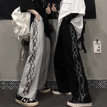 HOUZHOU Pantolon Kadın Baskılı Gevşek Unisex Çiftler Pantolon Harajuku Streetwear Hip Hop Vintage Kore Moda Geniş Bacak Pantolon