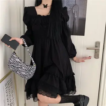 Japonya Harajuku Gotik Lolita Elbiseler Bayan Siyah Vintage Kare Yaka Dantel Kawaii Elbise Tatlı Ruffles Hepburn Goth Midi Elbise
