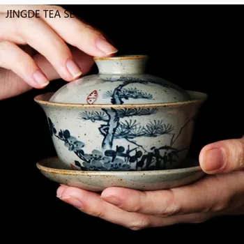 Jingdezhen El Boyalı Antika Çay Kase Yüksek Kaliteli Seramik Gaiwan Taşınabilir çay seti Gelenek Çay Töreni Aksesuarları 110 ml