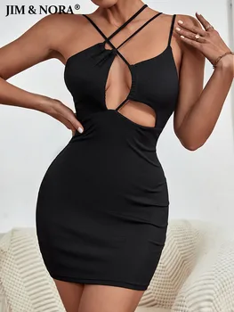 JİM ve NORA Seksi Kadınlar Siyah Çapraz Sling Düzensiz Cut Out Mini Bodycon Elbise 2022 Yeni Festivali Parti Gece Straplez Kıyafetler