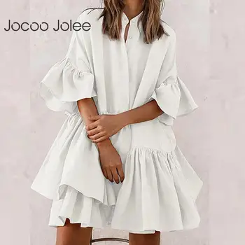 Jocoo Jolee Kadınlar Zarif Ruffles Gevşek Mini Elbise Rahat Yarım Kollu Katı Düzensiz Büyük Boy Elbise Plaj Akşam Parti Elbise