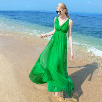 Kadın Ipek elbise Uzun Plaj elbise Kabuk 100 % Doğal Ipek Düz elbise yaz elbiseler V Yaka Kolsuz Ücretsiz Kargo sıcak Satmak