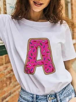 Kadın Pembe Adı Mektup Baskı T-Shirt Yazı Tipi A B C D E F G Kısa Kollu Gömlek Genç Kız Üstleri Kadın Giyim Çörek