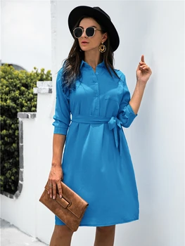 Kadın Sonbahar Kış 2022 Yeni Düz Renk Düğmesi Yaka Kollu Gömlek Elbise Bayanlar İçin Dönüş Aşağı Yaka Lace Up Elbiseler moda