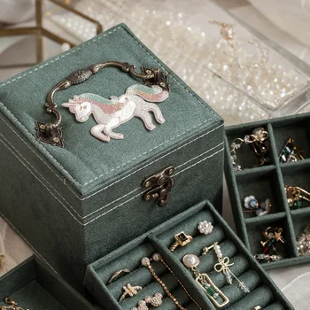 Kadın çocuk Mücevher Kutusu Antik Çin Tarzı Saklama Kutusu Taşınabilir Kemer Ayna Çok Katmanlı Kulak Çıtçıt Mücevher Kutusu