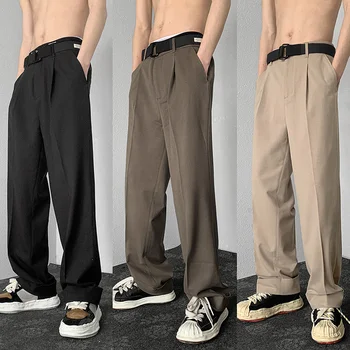 Kahverengi / Haki / Siyah Takım Elbise Pantolon Erkekler Moda Toplum Erkek takım elbise pantalonları Kore Gevşek Düz Geniş Bacak Pantolon Erkek Pantolon M-2XL