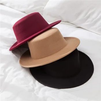 Klasik Düz Renk Kış Fedora Şapka Kadın Erkek Yapay Yün Vintage Şapkalar Caz Geniş Ağız Kilise Kubbe Derby Üst Düz dokulu şapka