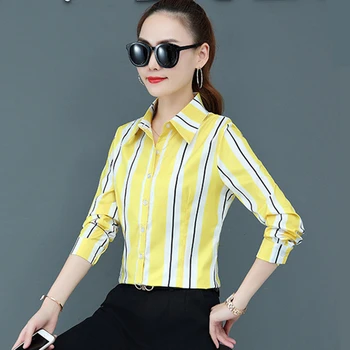 Kore Moda Şifon Kadın Gömlek Çizgili Uzun Kollu Kadın Bluzlar Düğme Yukarı Gömlek Bayan Üstleri ve Bluzlar Femininas Elegante