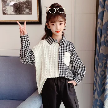 Kore Uzun Kollu Genç Kız Gömlek Siyah Beyaz Patchwork Ekose Üst Çocuk Çocuk Sonbahar Giysileri Okul Gömlek Kız İçin 5-14 Yıl