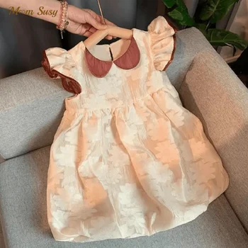Kız Prenses Vintage Dantel Elbise Çiçek Bebek Yürüyor Çocuk Gazlı Bez Vestido Fly Kollu Doğum Günü Partisi Düğün Bebek Giysileri 1-7Y