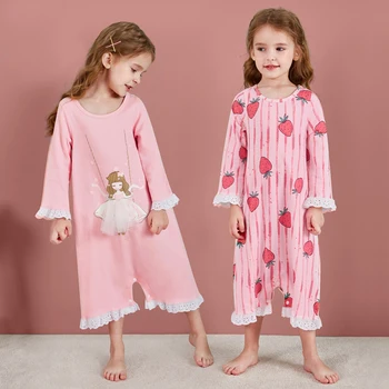 Kızlar Bahar Sonbahar Gecelik Pijama Tulum Kollu Uyku Elbise Çocuklar Karikatür Baskılı Kıyafeti 2 4 6 8 10 12 Yıl Pijama