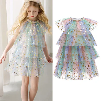 Kızlar Fırfır Prenses Elbise Dantel Tül Yıldız Sequins Kabarık Elbise Çocuklar İçin Düğün Örgün Parti Tutu Frocks Çocuk Peri Giysileri