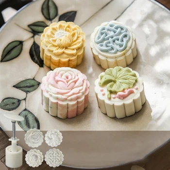 Lotus Yaprağı Yuvarlak Ay Kek Kalıpları 50g El Basınçlı 4 Pullar Çin Geleneksel Mooncake Kalıpları Sonbahar Ortası DIY Pasta