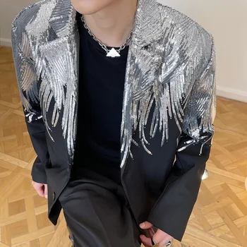 Lüks Gümüş Pullu Glitter Blazer Ceket Erkekler Yaka Yaka Gece Kulübü Sahne Şarkıcılar Custmes Erkek Bahar Sonbahar Takım Elbise
