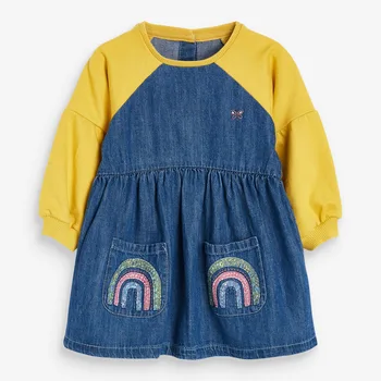 Marka Kaliteli Havlu Pamuklu Denim Jean çocuk giyim Prenses Günlük Elbiseler Kızlar Çocuklar için Bebek Kız Giysileri Elbise Gökkuşağı