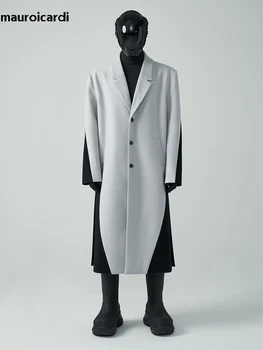 Mauroicardi Sonbahar Kış Uzun Gevşek Serin Sıcak Yumuşak Patchwork Yün Ceket erkek Omuz Pedleri Lüks tasarımcı kıyafetleri Moda 2022