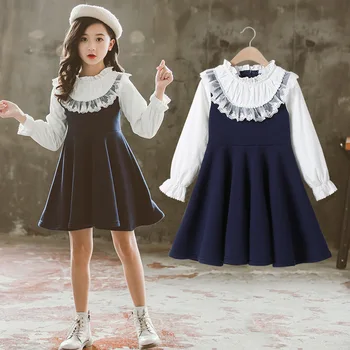 Melario Sonbahar Okul Yeni Kız Giyim Elbise Bebek rahat elbise Çocuklar Patchwork Elbise Çocuk Uzun Kollu Elbise Mavi Beyaz