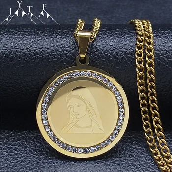 Meryem Kristal Paslanmaz Çelik Kolye Charms Kadınlar Altın Renk Yuvarlak Uzun Kolye Din Takı bijoux N4915S05