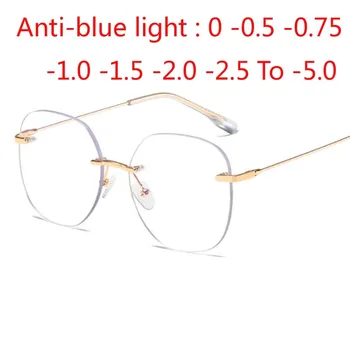 Metal Çerçevesiz Gözlük Çerçevesi Kadın Reçete anti-mavi ışık Miyopi Optik Oval Gözlük 0 -0.5 -1.0 -1.5 To -5.0