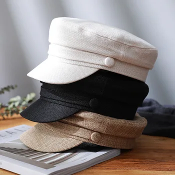 Moda Bayan Pamuk Keten Askeri Şapka Yaz Denizci şapkaları Kadın Erkek Düz Üst Kapaklar Kadın Seyahat Harbiyeli Şapka Kaptan Kap