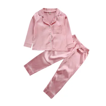 Moda Bebek Çocuk Kız Saten Sonbahar kışlık pijama Set Katı Uzun Kollu Düğme Tops + Uzun Pantolon 2 ADET Kıyafetler Set