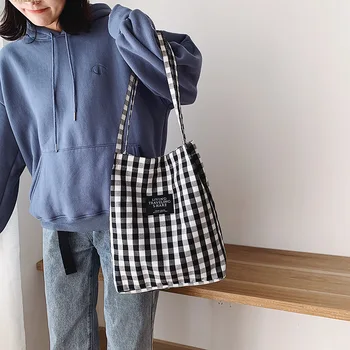 Moda Dayanıklı Kadın Öğrenci Pamuk Keten basit omuz çantası Alışveriş Tote Ekose Kadın Keten keten çantalar