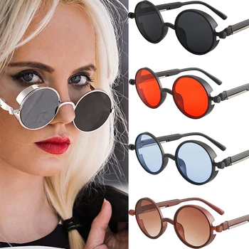 Moda Klasik Polarize Steampunk Güneş Gözlüğü Metal Çerçeve Yuvarlak Gotik Shades Kadın Erkek UV400 Koruma güneş gözlüğü