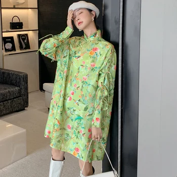 Moda Sokak Stili Yeni Zarif Cheongsam Kadın 2022 İlkbahar Ve Yaz Yeni Standı Yaka Çiçek Uzun Kollu Elbise S-XXL