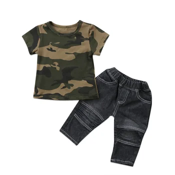 Moda Yürüyor Bebek Bebek Pamuk kamuflaj kısa kollu tişört Tops + Uzun Kot Kıyafetler Giysi Set Boyutu 1-5 T