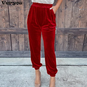 Moda Zarif Kırmızı Kadife Pantolon Kadınlar İçin Sonbahar Kış Elastik Yüksek Bel Rahat Şort Kadın Moda Katı Gevşek Pantolon