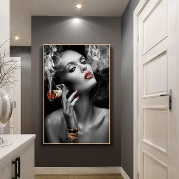 Modern Siyah Beyaz Seksi Sigara Kadın Tuval Boyama Posterler ve Baskı Cuadros Duvar sanat resmi Oturma Odası Ev Dekorasyon ıçin