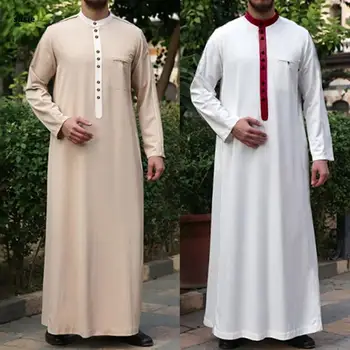 Müslüman Elbise Beyaz Sarı Erkekler Kaftan Uzun Kollu Yuvarlak Düğme Müslüman Giyim Nefes Eid Orta Doğu Jubba Thobe Hediye