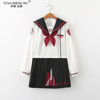 Nakış Kız Japon Okul Üniformaları Lise Denizci Elbisesi Cosplay Kostüm Pilili Etek Anime Setleri Uzun Kollu Siyah Kırmızı