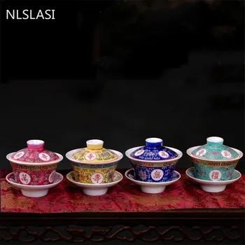 NLSLASI Jingdezhen Porselen Gaiwan Zarif Pastel Çay Tabağı kapaklı kase Kiti Ana Bardak Teaware Drinkware 150ml