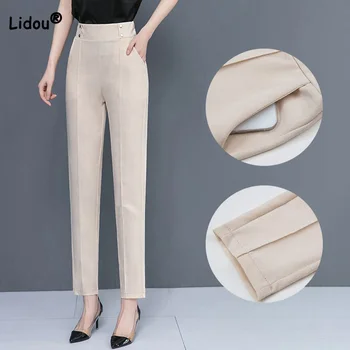 Ofis Bayan Kadınlar için 2022 Yaz Yeni Düğme Aplikler Moda Tüm Maç Elastik Yüksek Bel Kayısı Düz Dokuz Puan Pantolon