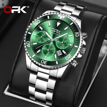 OPK Lüks erkek Saatler Klasik Yeşil Orijinal quartz saat Adam için Su Geçirmez Paslanmaz Çelik Döner Kol Saati Tarihi