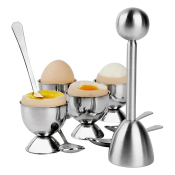 Paslanmaz Çelik Yumurta Kraker Topper Seti, Sert Haşlanmış Yumurta Ayırıcı Tutucu, 4 Kaşık, 4 Bardak, 1 Kabukları Sökücü Üst Kesici
