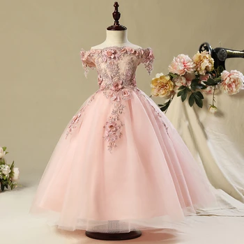 Pembe Aplikler ilk communion elbise Omuzsuz Vestido Daminha Casamento Parti Balo Organze Çiçek Kız Elbise