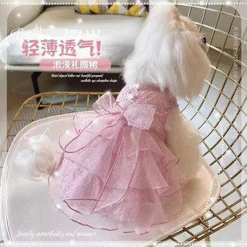 Pembe Dantel Prenses Elbise Köpek Giysileri Yavru Parti Düğün Küçük Köpek Giyim Kedi İlmek Şifon İnce Yaz Kız Evcil Hayvan Ürünleri