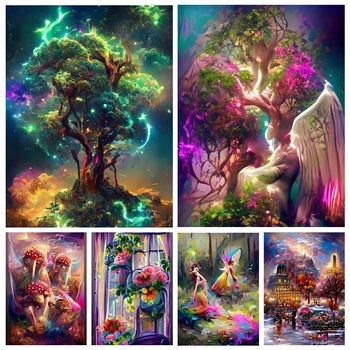 Rüya Renk Pembe Hayat Ağacı 5d Elmas Mozaik Resim AB Matkaplar Fantezi Orman Çiçek Ve Hayvanlar Çapraz Dikiş Odası Dekor