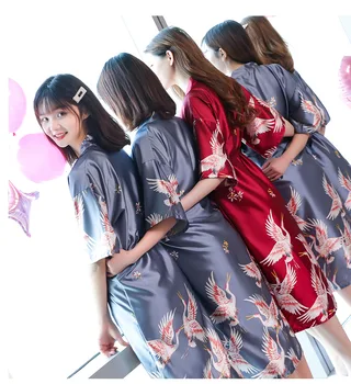 Sabahlık Kadın SATEN Gecelik Kimono Robe Loungewear Baskı Vinç Bornoz Samimi Iç Çamaşırı Uzun Düğün Gecelik