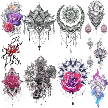 Sahte Takı Geçici Dövmeler Sticker Kadınlar İçin Büyük Gül Mehndi Çiçek Dövme Suluboya Lotus Mandala Kolye Dövmeler Göğüs