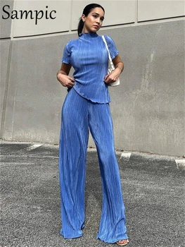 Sampic Y2K Pilili Rahat Mavi Eşofman Kadın Iki Parçalı Set Kısa Kollu O Boyun T Gömlek Tops Ve Yüksek Bel Pantolon Suit Yaz