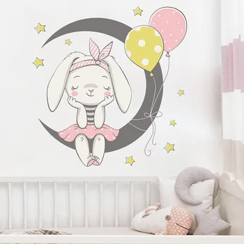 Sevimli Tavşan Ay Balon Desen Çıkartmalar Çocuk Odası için Kedi Bebek Kreş Duvar Çıkartmaları Çiçek Kız Odası için Ev Dekorasyon