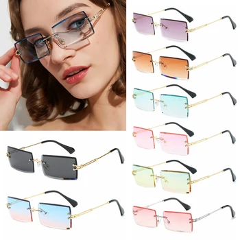 Seyahat Tarzı Moda Çerçevesiz Dağcılık Güneş Gözlüğü Moda Küçük Dikdörtgen güneş gözlüğü UV400 Shades Erkekler Kadınlar için Gözlük