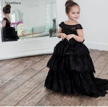 Siyah Dantel Kabarık Bebek Kız doğum günü partisi elbisesi Katmanlı Kabarık Çocuk Giysileri Pageant Parti Kıyafeti Yeni Yıl