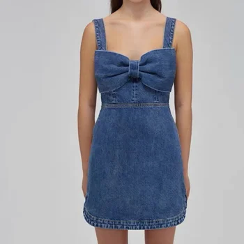 Son 2022 En Kaliteli Yaz Sonbahar Katı Mavi Denim Tatlı Tarzı Büyük Yay Ön Kolsuz İnce Mini Elbise Kadınlar